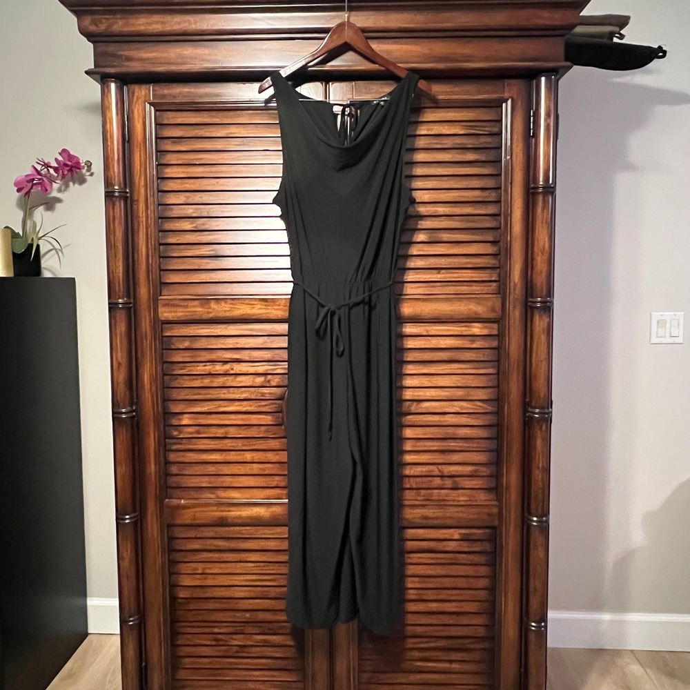 Marina Anthropologie Black Cowl Neck Wide Leg Jumpsuit Sleeveless Tie Waist Sz L